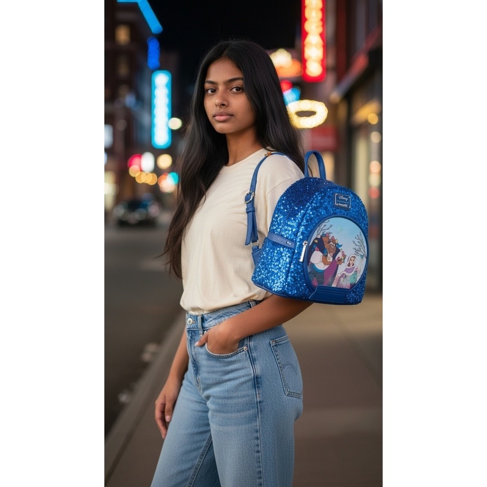 Loungefly Disney Beauty and the Beast Something There Blue Sequin Mini Backpack